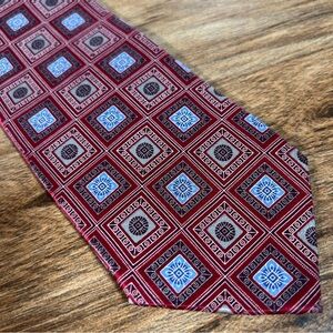 Saks Fifth Ave - Dark Red/Blue Intl’ Geometric Block Pattern 100% Silk Tie